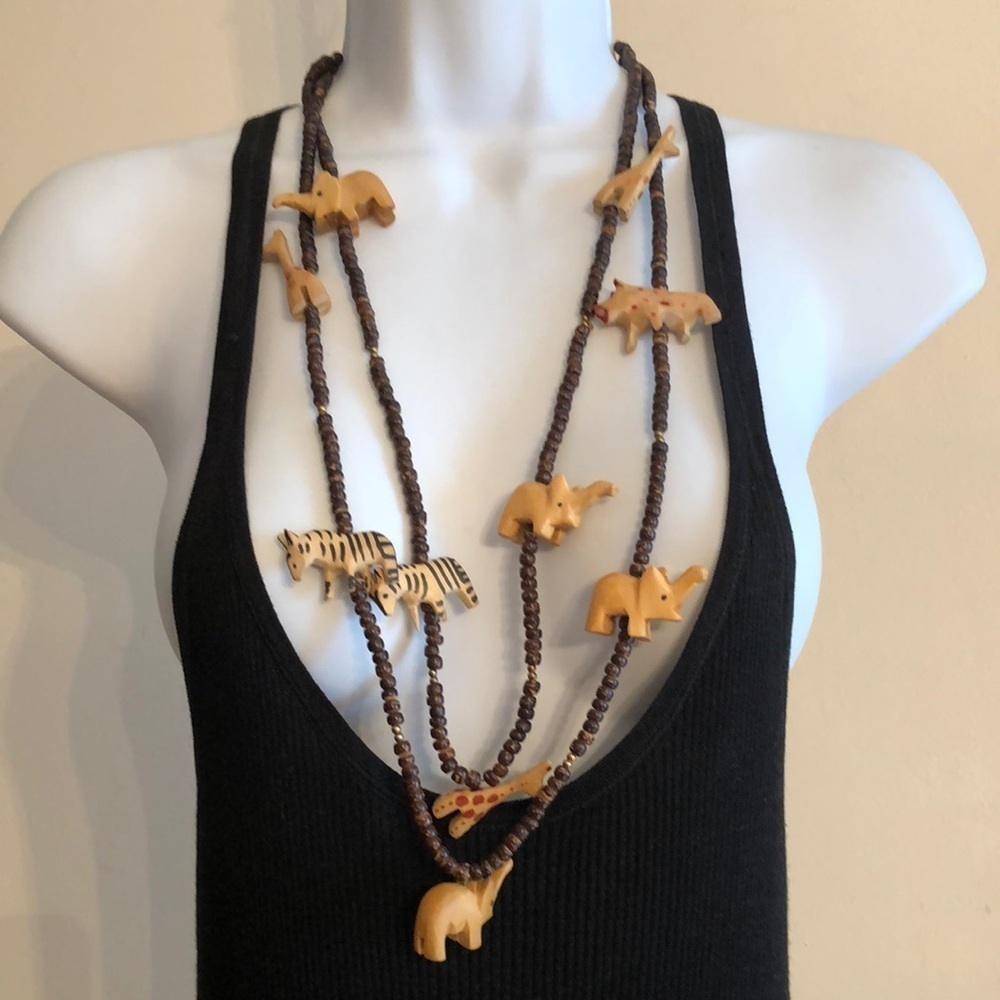 Vintage handmade African Safari animals statement wooden layered necklace tribal